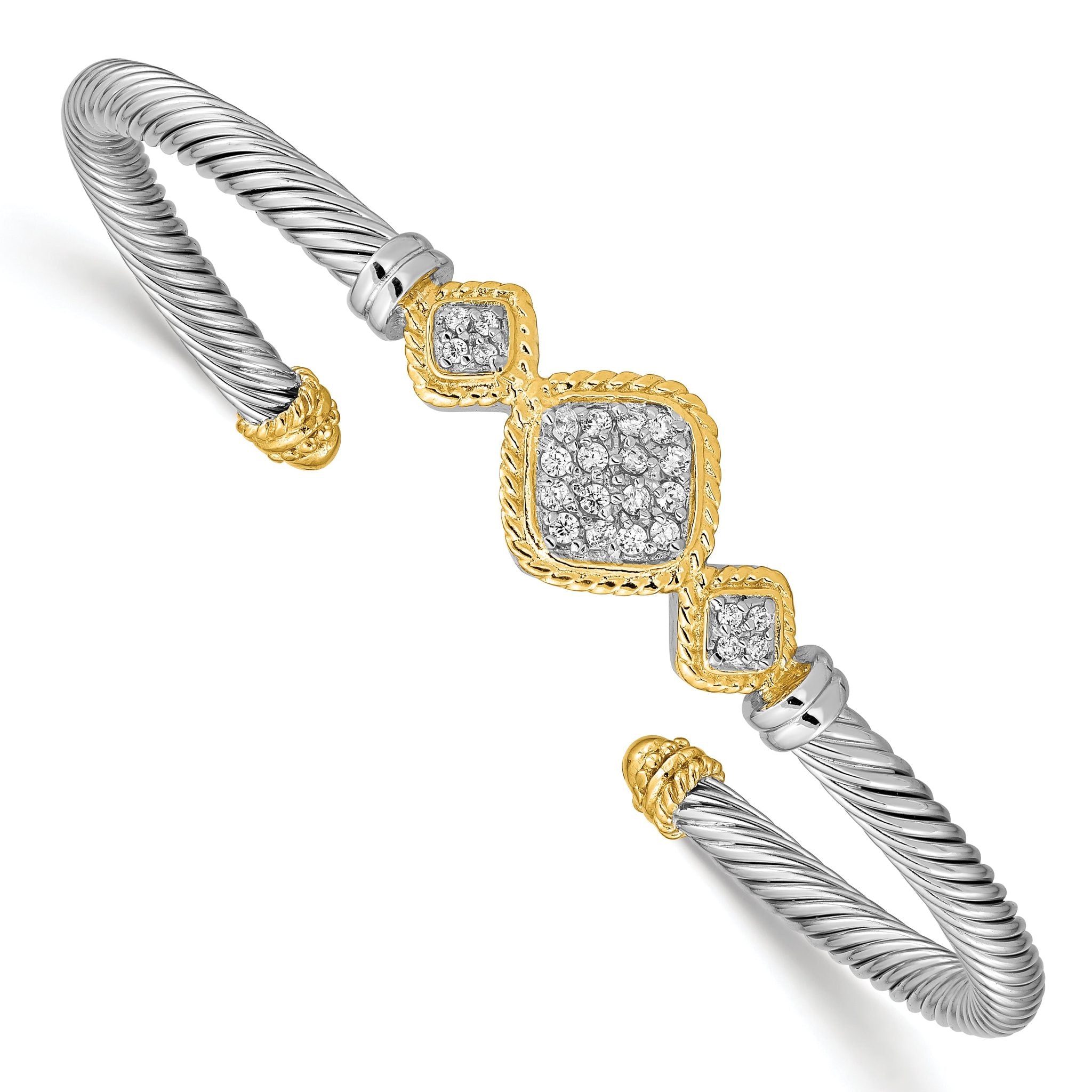 Sterling Silver Vermeil Cubic Zirconia Rope Bangle Elegant & Flexible Cuff