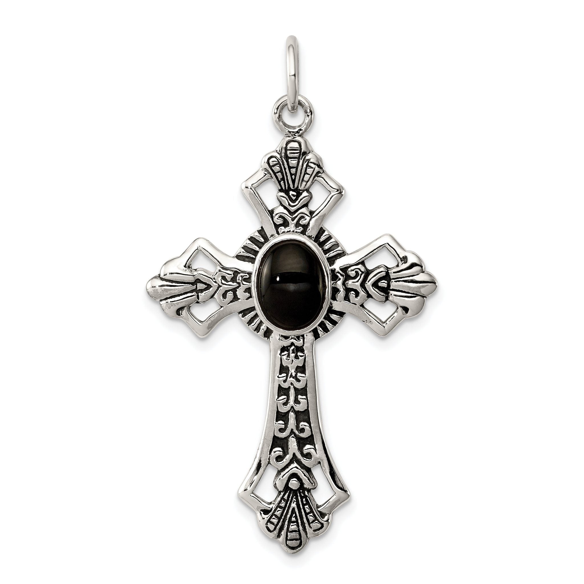 Sterling Silver 925 Onyx Cross Pendant with Polished Antiqued Finish Main image