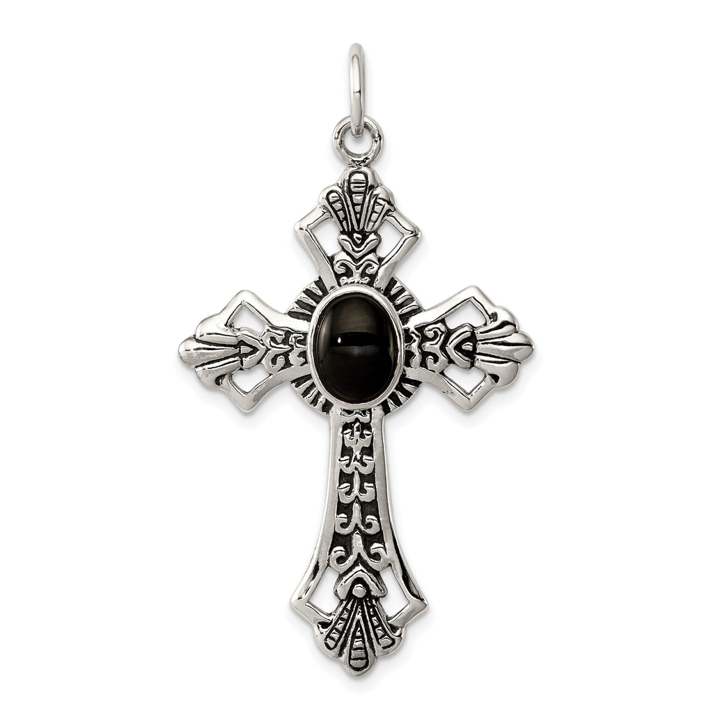 Sterling Silver 925 Onyx Cross Pendant with Polished Antiqued Finish