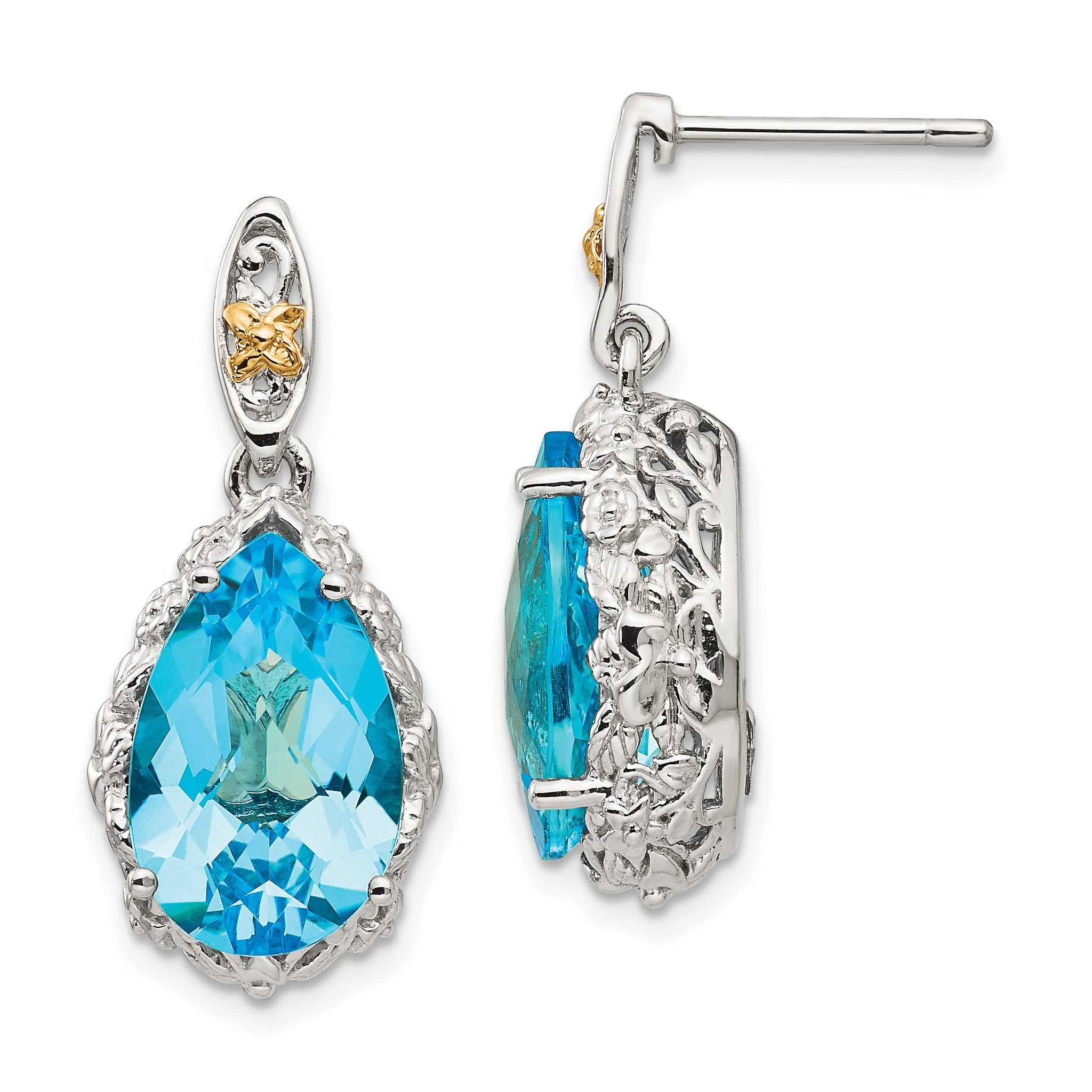 Sophia Jewelers Sterling Silver 14K Gold Blue Topaz Dangle Earrings