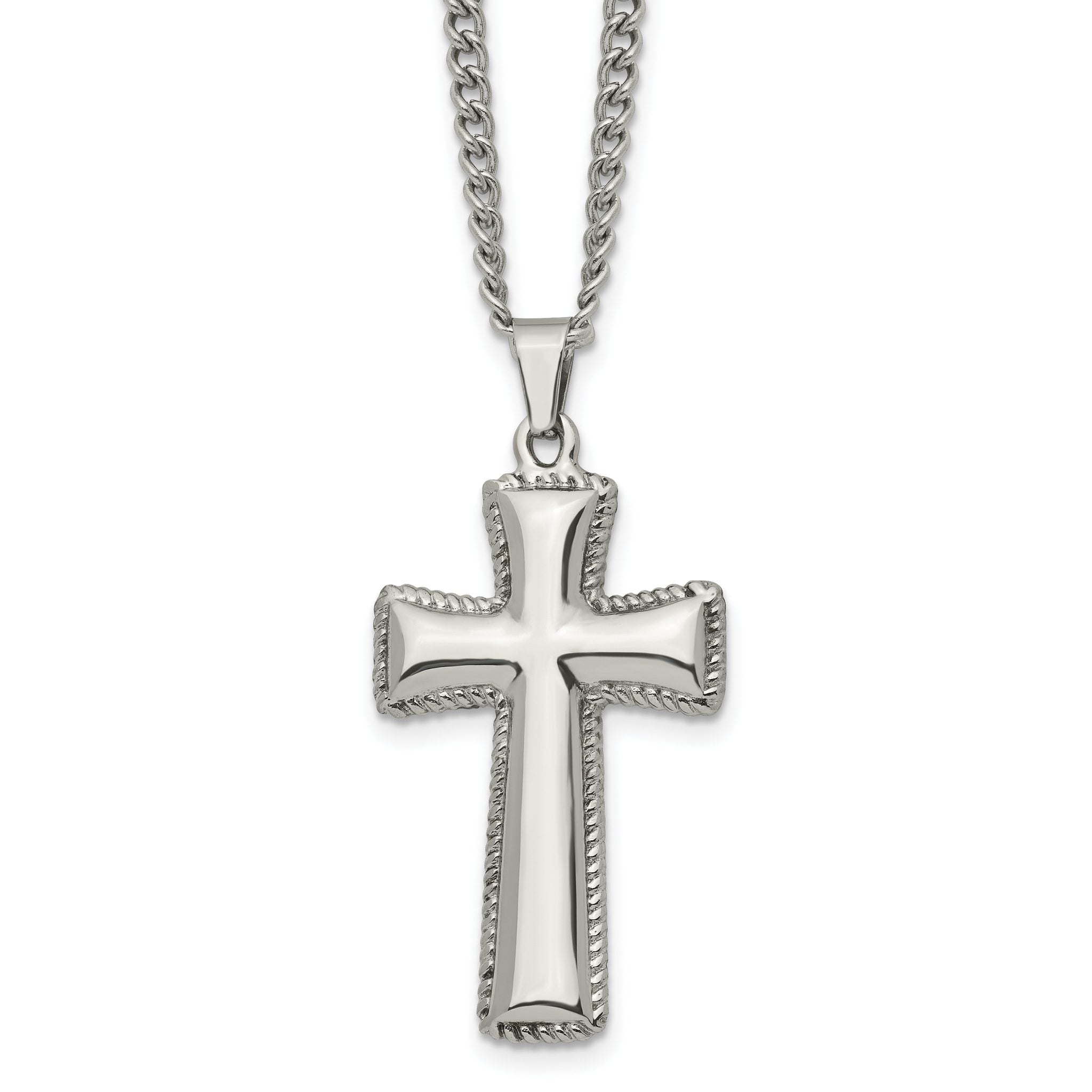 Chisel Stainless Steel Polished Pillow Cross Pendnat on a 24 inch Curb Chain Necklace Main image