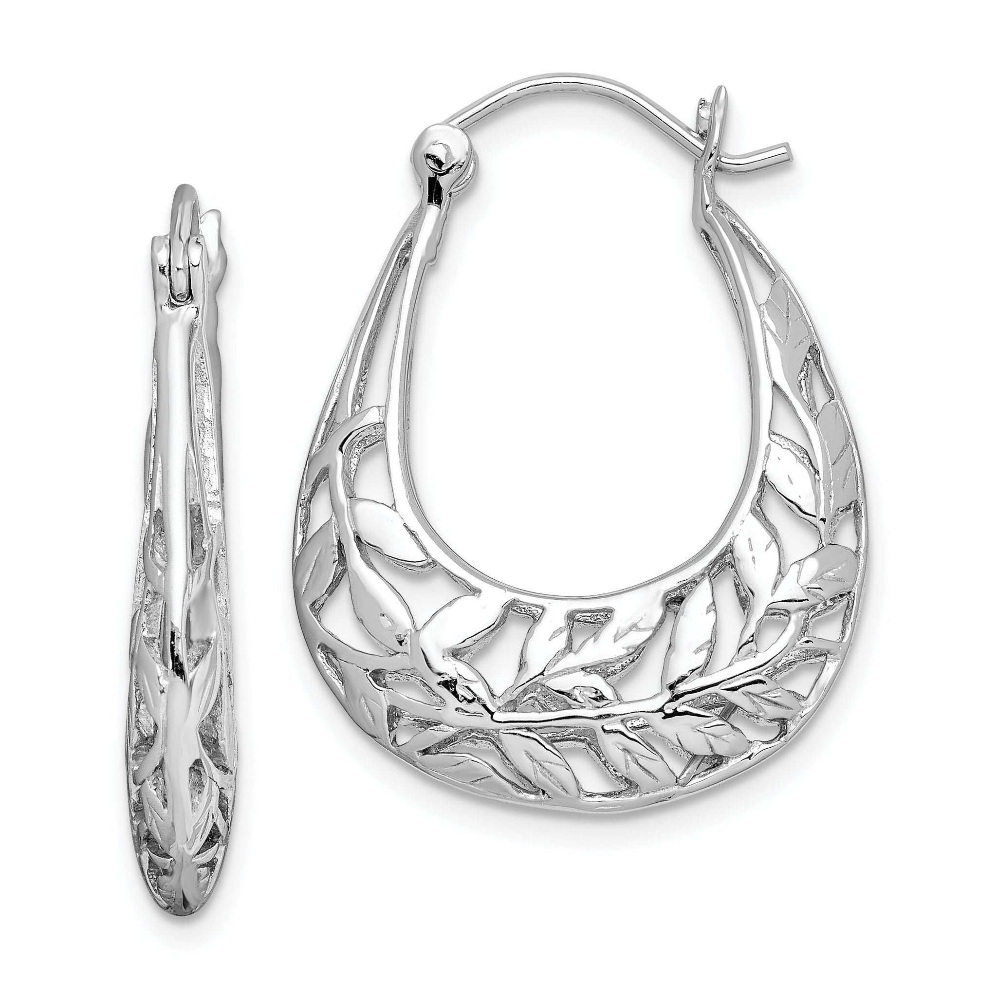 Sterling Silver Rhodium-Plated Filigree Oval Hoop Earrings  Polished Leaf Design Main image