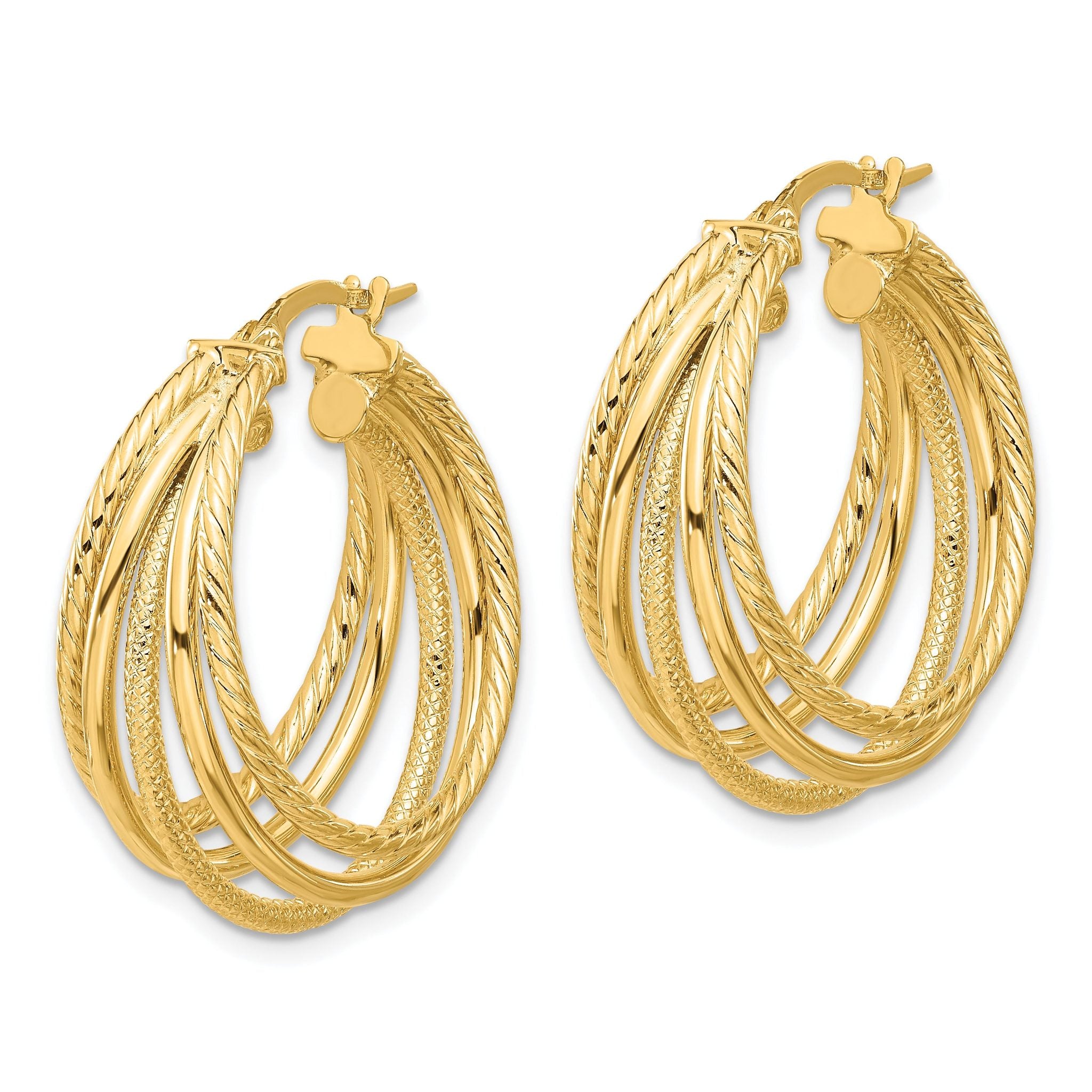 14K Polished and Multi Textured Hoop Earrings Secondary image