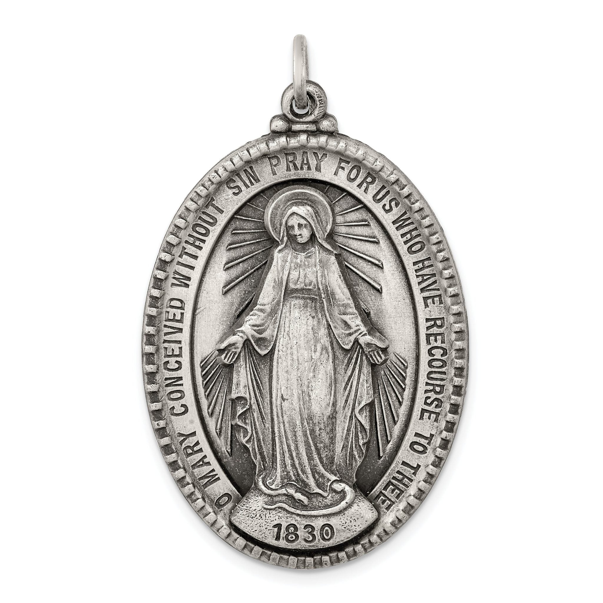 Sterling Silver 925 Antiqued Miraculous Medal Pendant Solid Vintage Design Main image