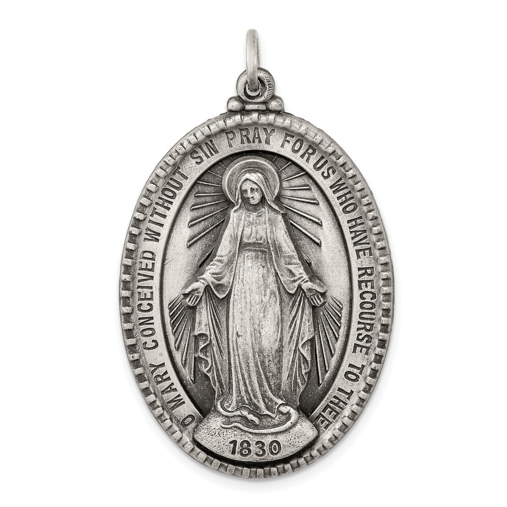 Sterling Silver 925 Antiqued Miraculous Medal Pendant Solid Vintage Design
