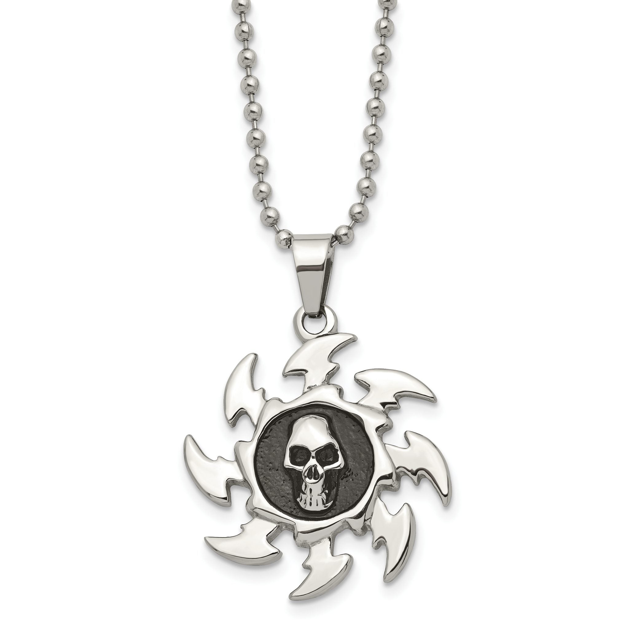 Chisel Stainless Steel Antiqued and Polished Skull on Saw Blade Pendant on a 24 inch Ball Chain Necklace Main image