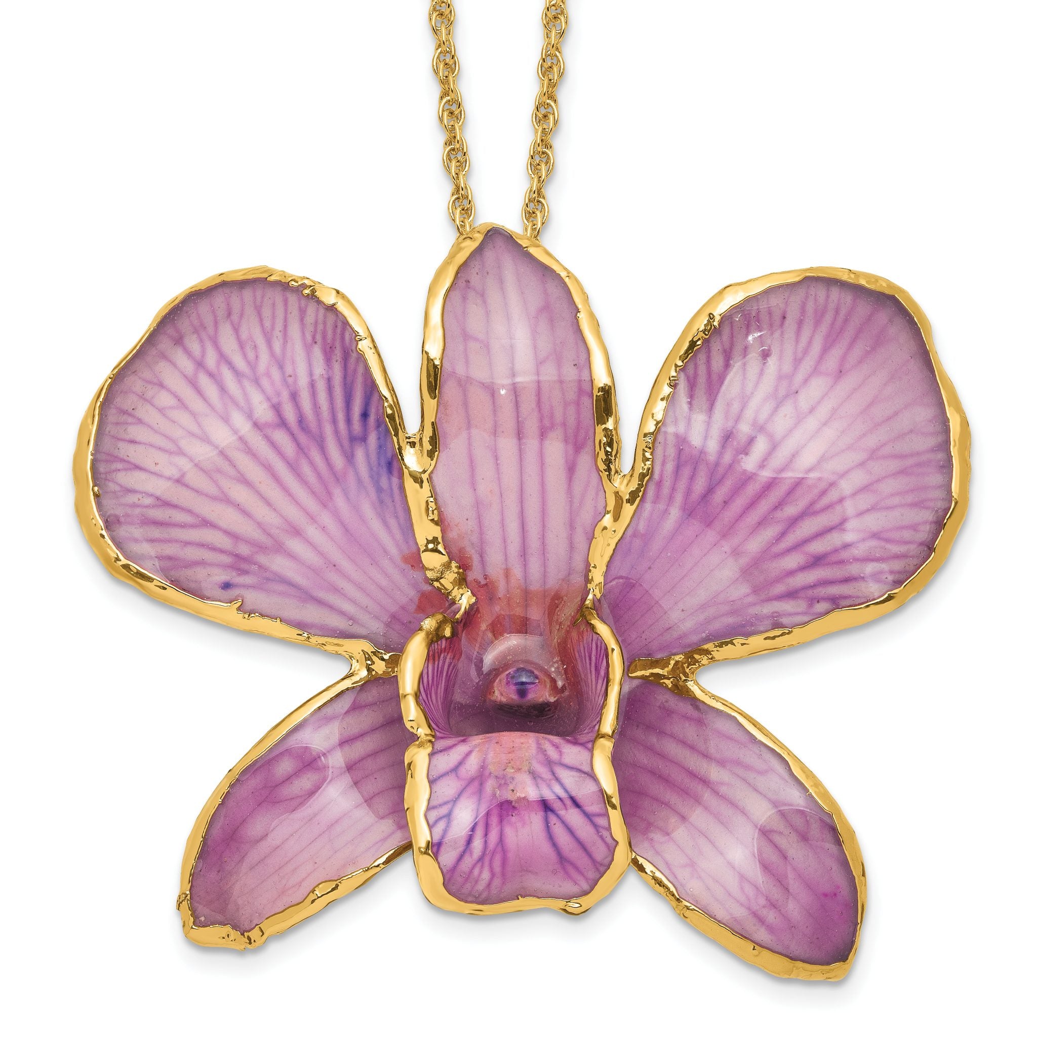 24K Gold-trim Lacquer Dipped Hot Lavender Real Dendrobium Orchid 20 inch Gold-tone Necklace Main image