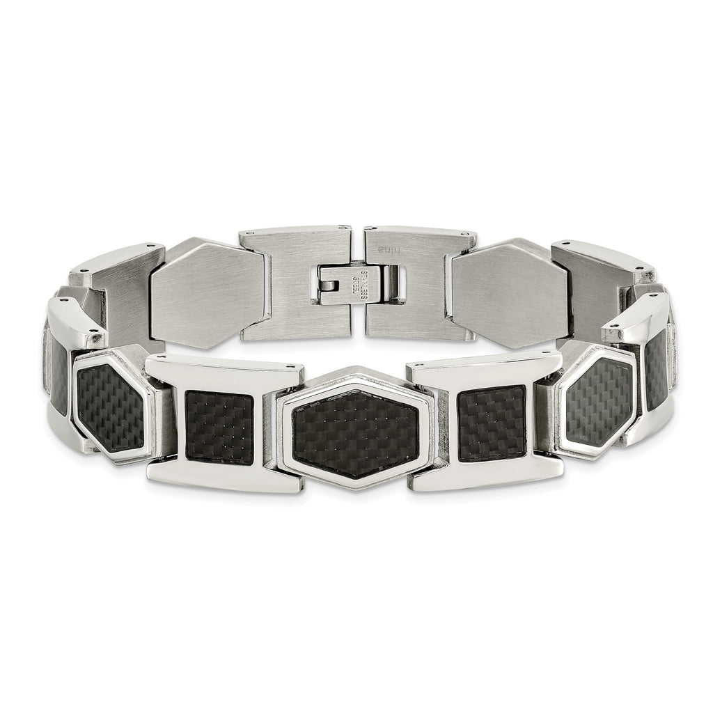 Stainless Steel Polished with Black Carbon Fiber Inlay Link Bracelet for Men