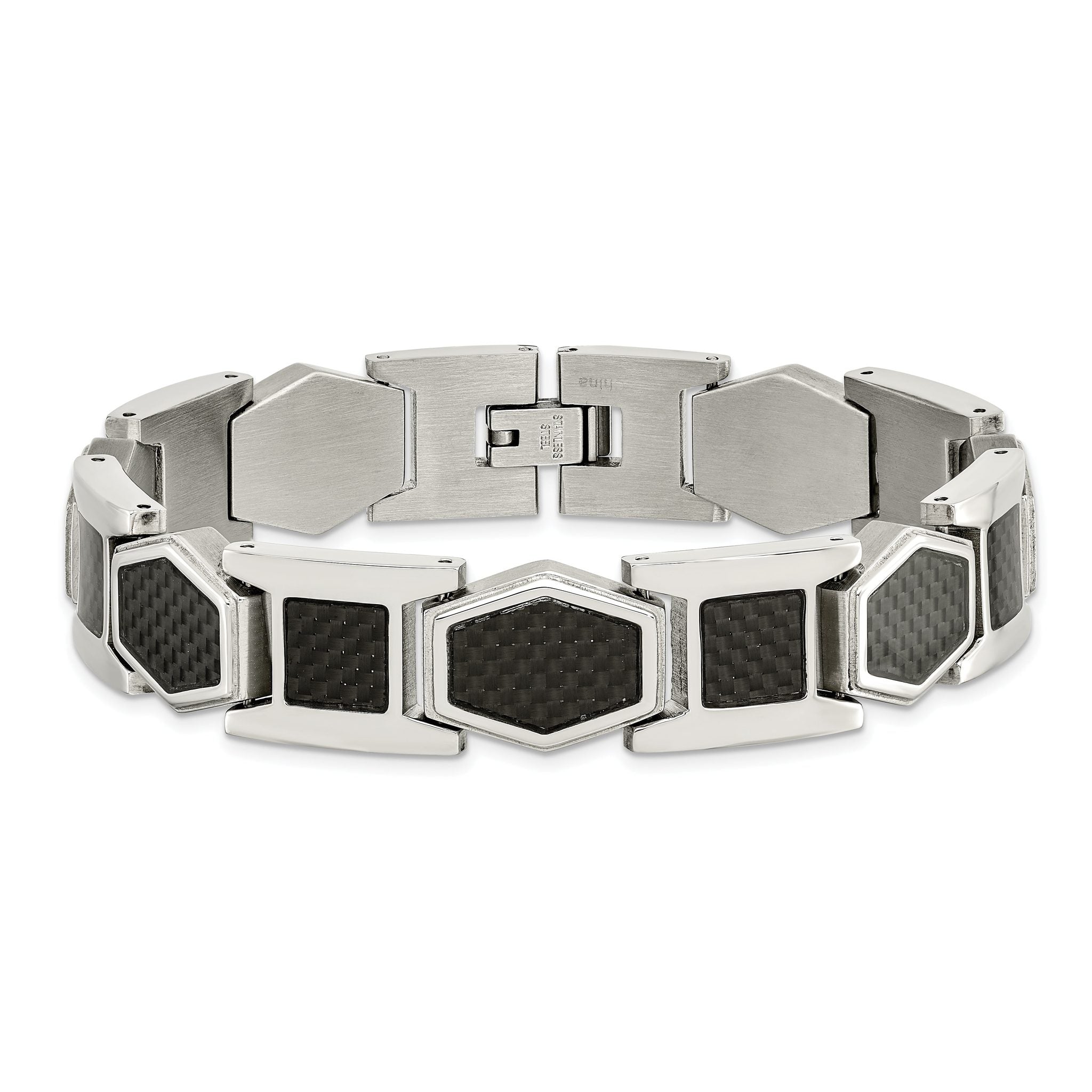 Stainless Steel Polished with Black Carbon Fiber Inlay Link Bracelet for Men