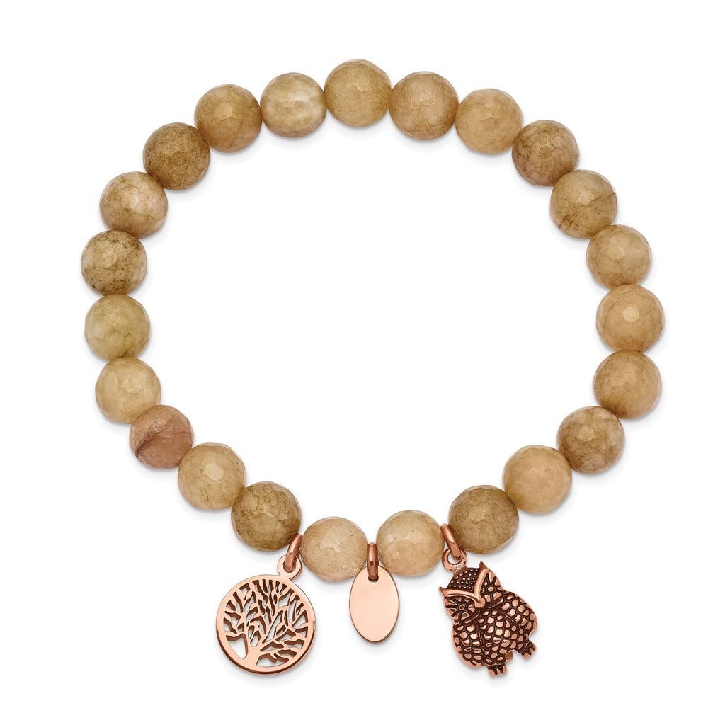 Stainless Steel Antiqued and Polished Rose IP-plated Owl and Tree of Life 8mm Taupe Dyed Jade Beaded Stretch Bracelet for Women