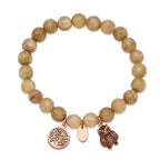 Stainless Steel Antiqued and Polished Rose IP-plated Owl and Tree of Life 8mm Taupe Dyed Jade Beaded Stretch Bracelet for Women