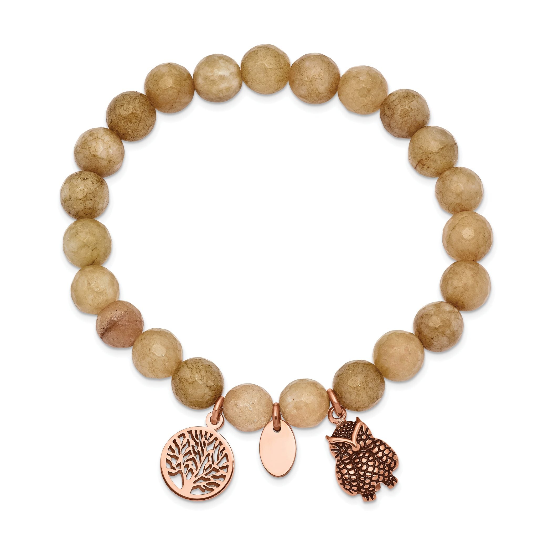 Stainless Steel Antiqued and Polished Rose IP-plated Owl and Tree of Life 8mm Taupe Dyed Jade Beaded Stretch Bracelet for Women