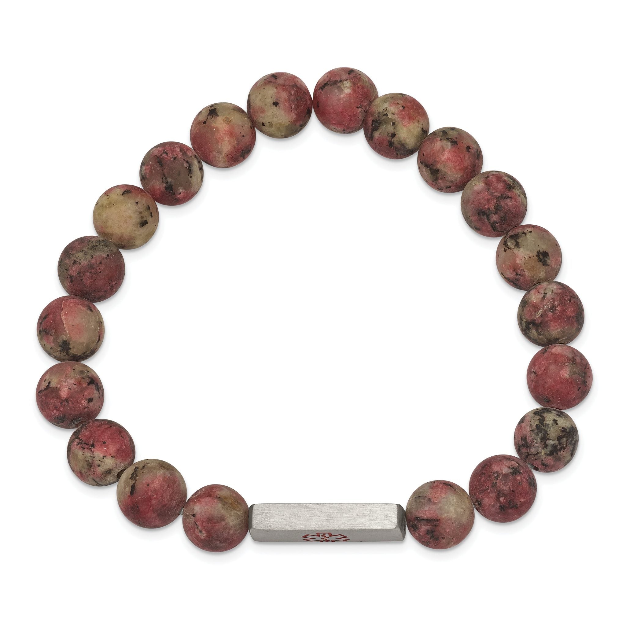 Stainless Steel Brushed with Red Enamel Medical ID 8.5mm Rhodochrosite Beaded Stretch Bracelet Secondary image