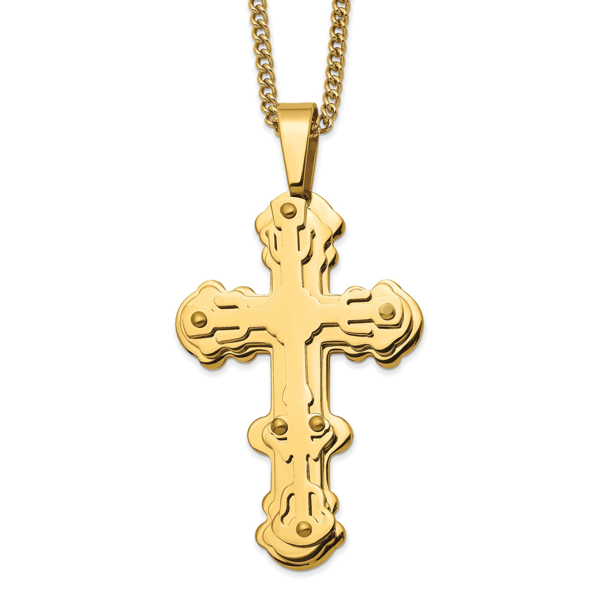 Chisel Stainless Steel Polished Yellow IP-plated Cross Pendant on a 24 inch Curb 24 inch Curb Chain Necklace Main image
