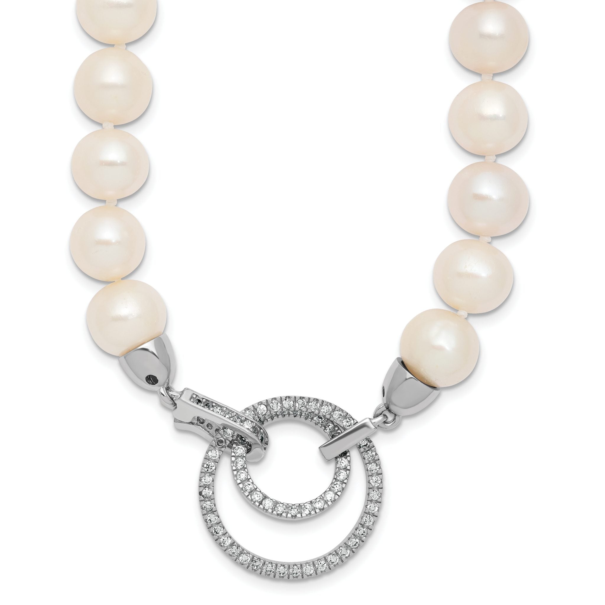 Sterling Silver Rhodium-plated 10-11mm White Near-Round Freshwater Cultured Pearl and CZ Clasp Adjustable 19.5 inch Necklace Main image