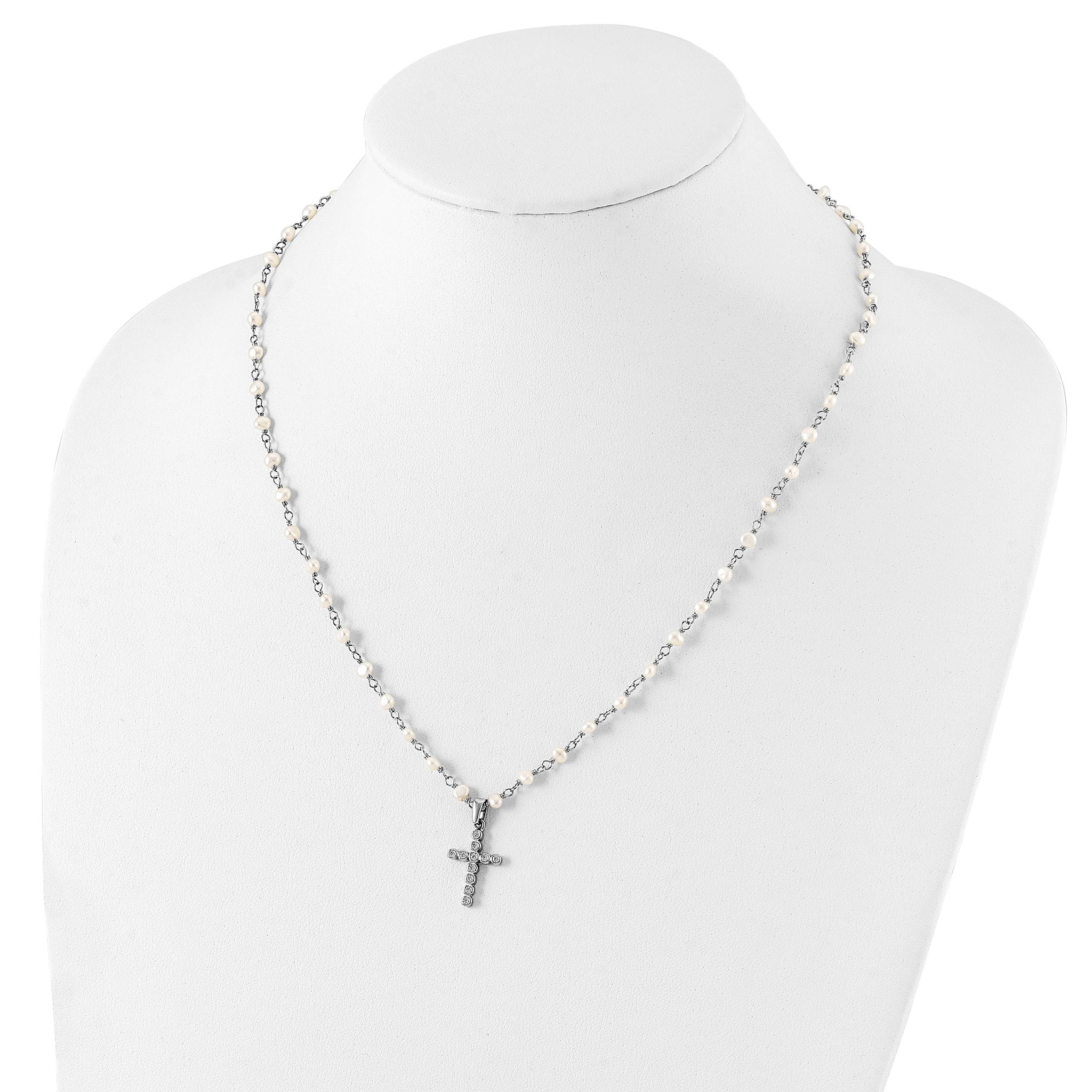 Sterling Silver Pearl CZ Cross Necklace with Rhodium-Plated Chain