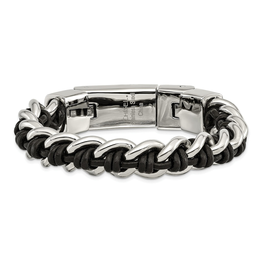 Stainless Steel Polished Black Leather Bracelet for Men