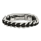 Stainless Steel Polished Black Leather Bracelet for Men