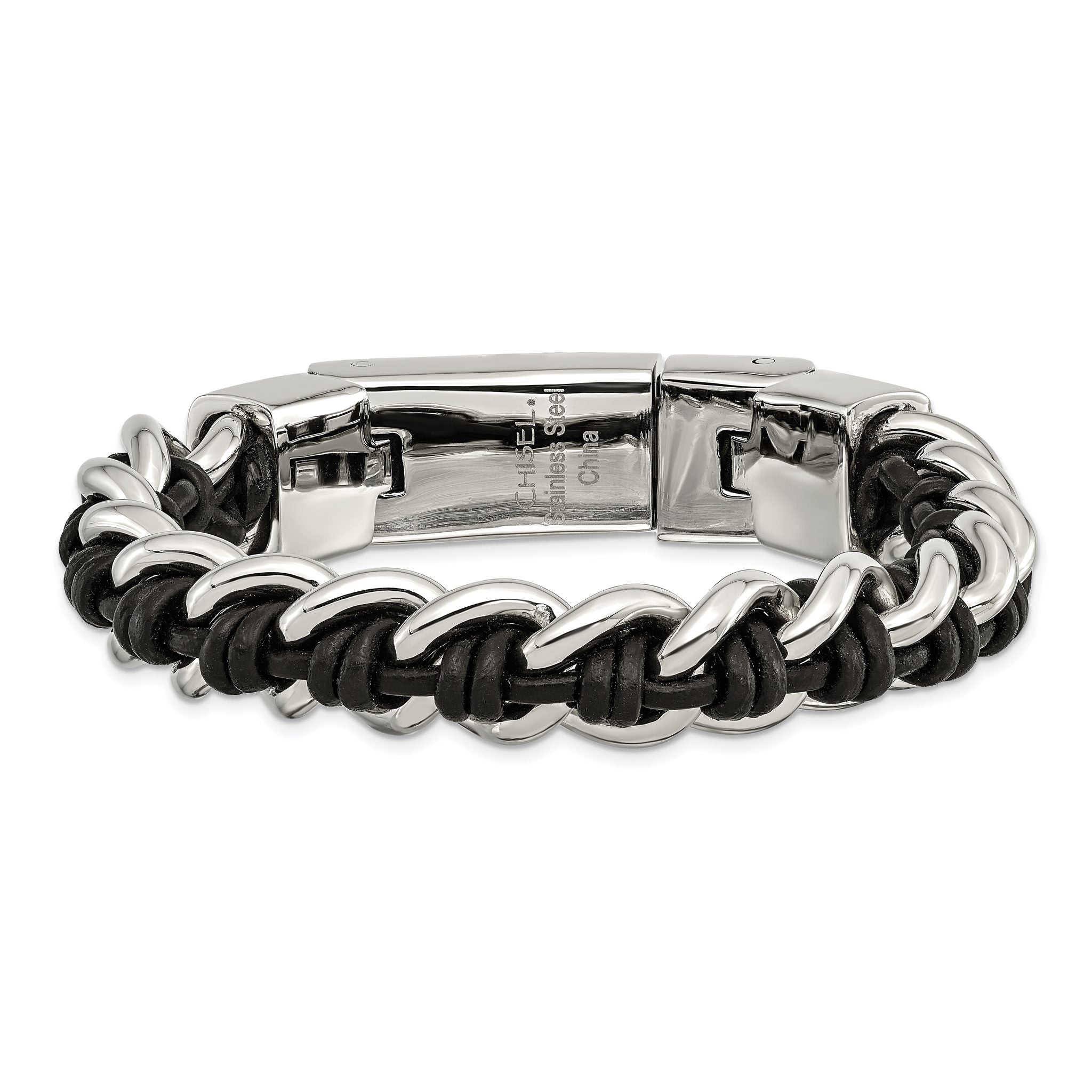 Stainless Steel Polished Black Leather Bracelet for Men