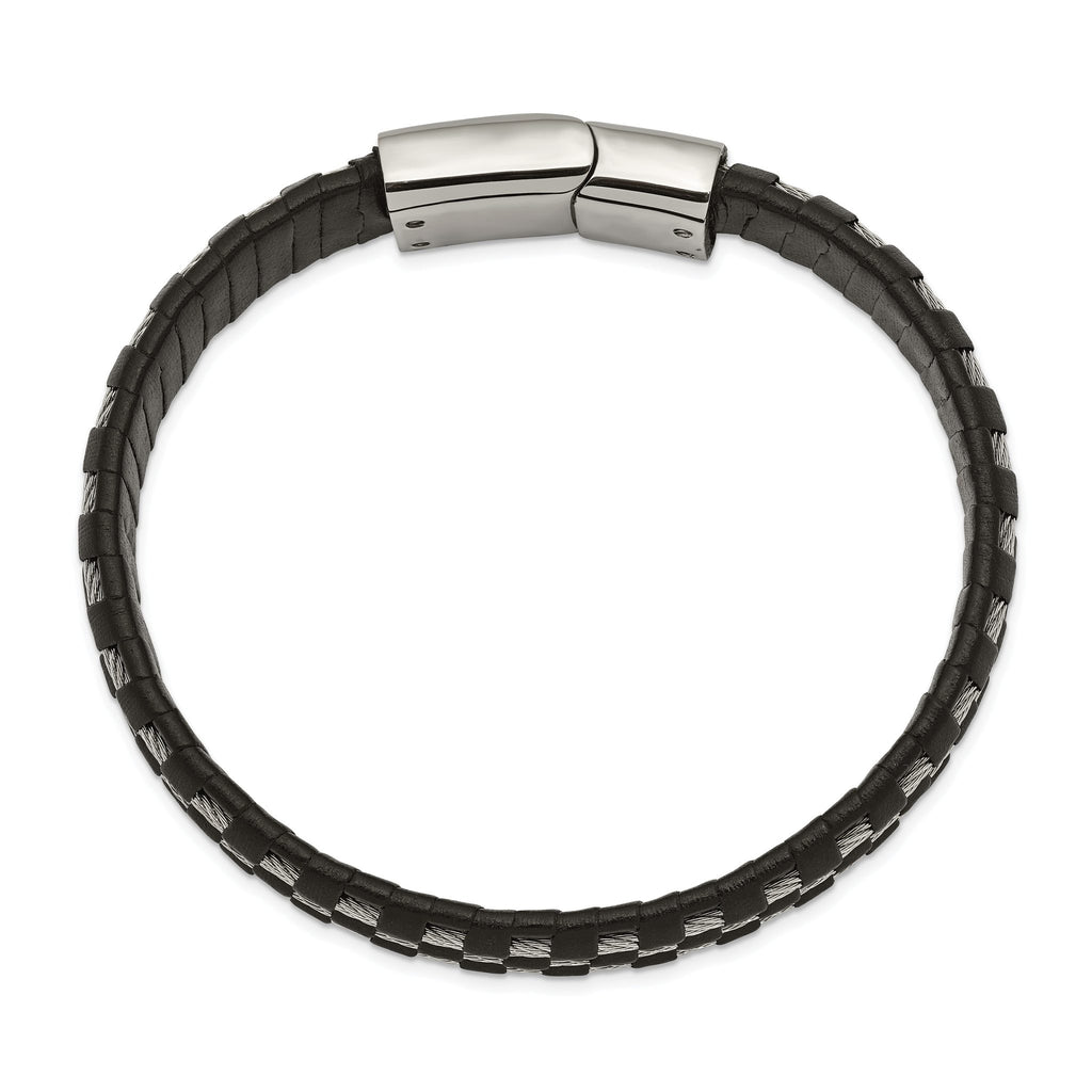 Stainless Steel Polished Wire Cable and Black Leather Bracelet for Men