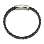 Stainless Steel Polished Wire Cable and Black Leather Bracelet for Men