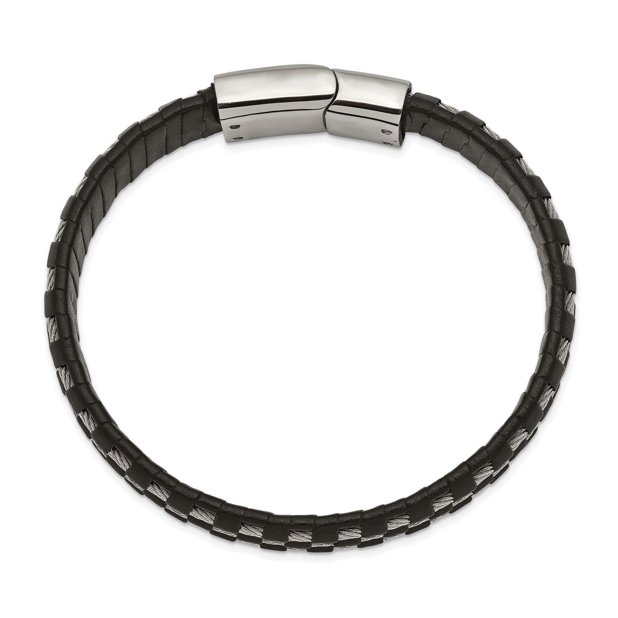 Stainless Steel Polished Wire Cable and Black Leather Bracelet for Men