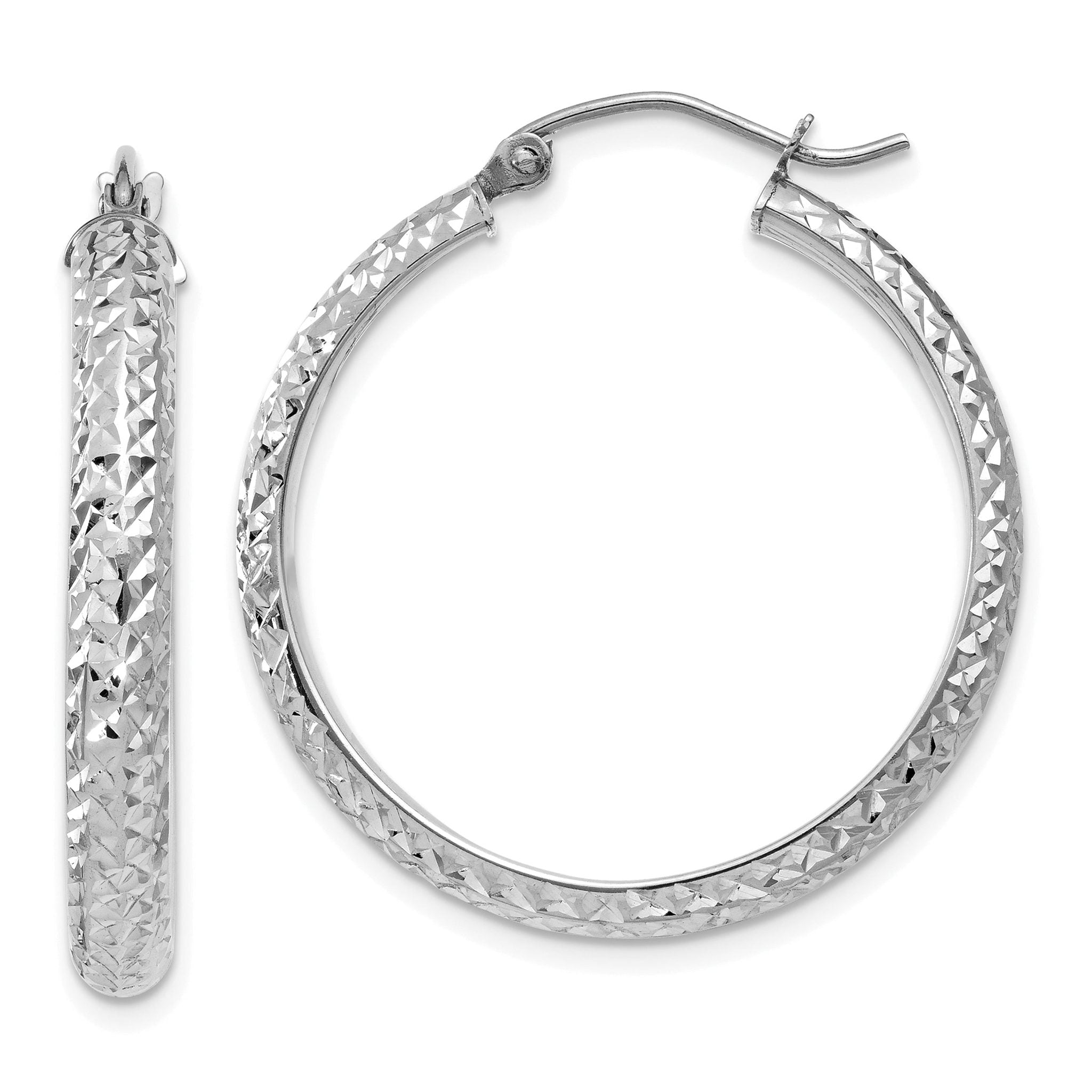 14K White Gold Diamond-cut 3.5x28mm Hollow Hoop Earrings Main image