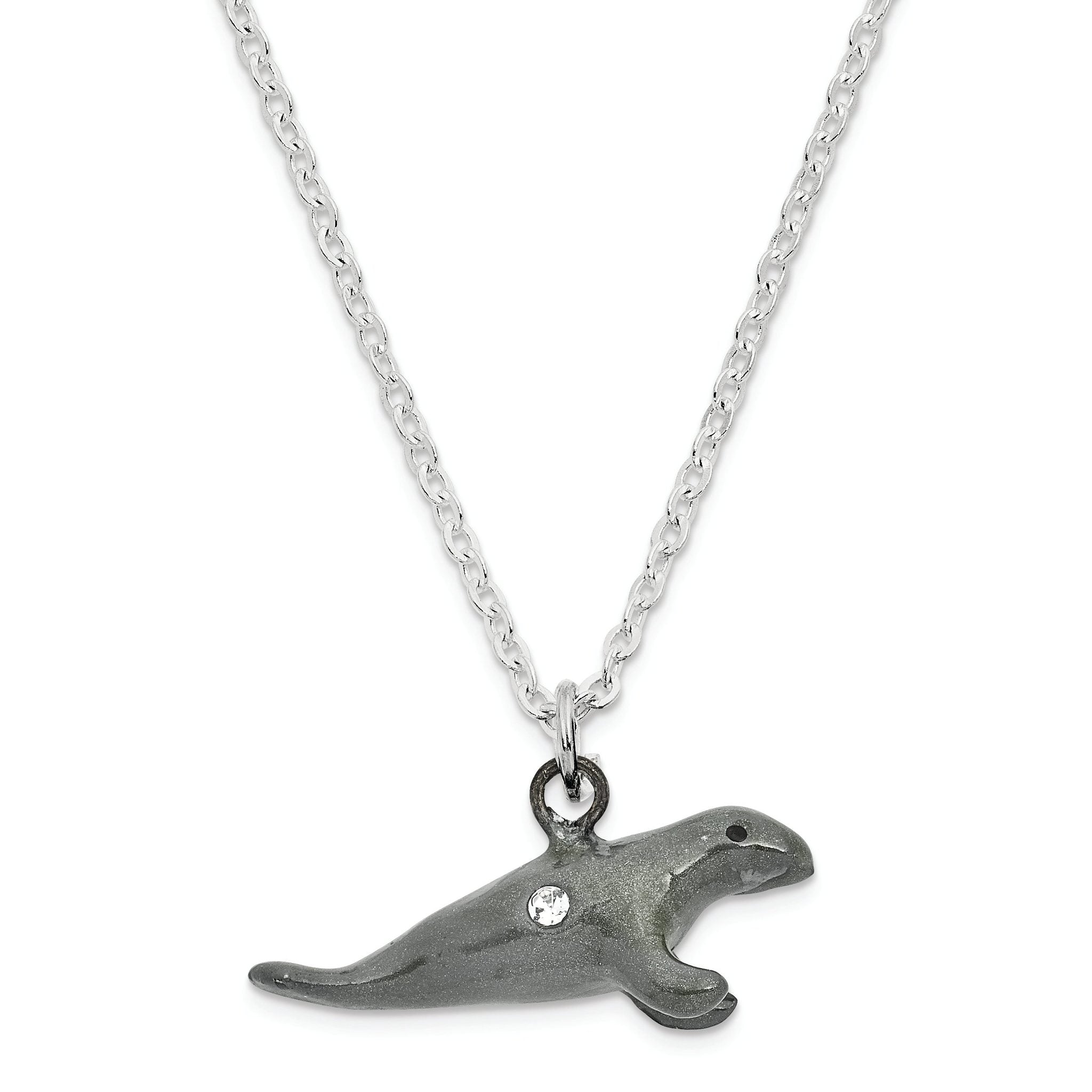 Luxury Giftware by Jere Pewter Bejeweled Crystals Pewter-tone Enameled MANNY Manatee With Seaweed Trinket Box with Matching 18 Inch Necklace