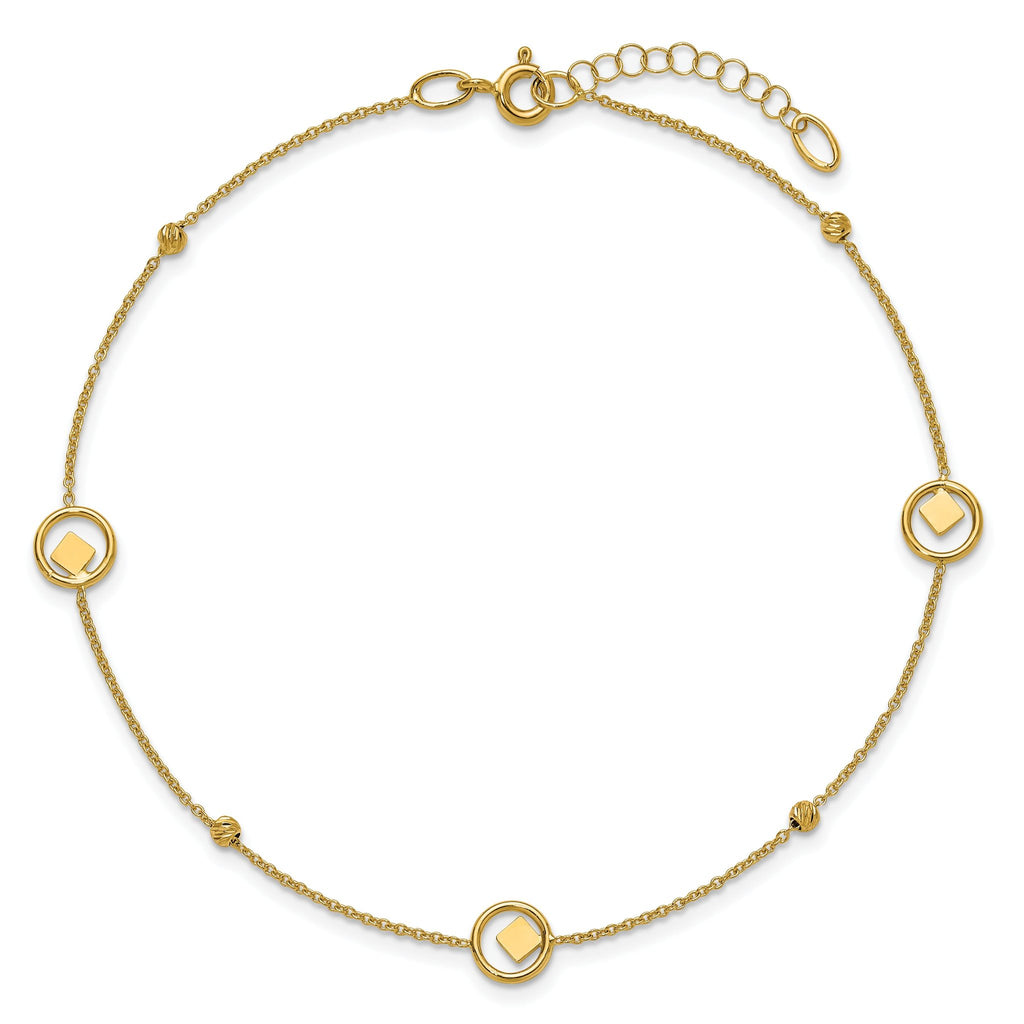 14K Geometric and Diamond-cut Beads 9 inch Plus 1 inch Extender - Total 10 inch Anklet