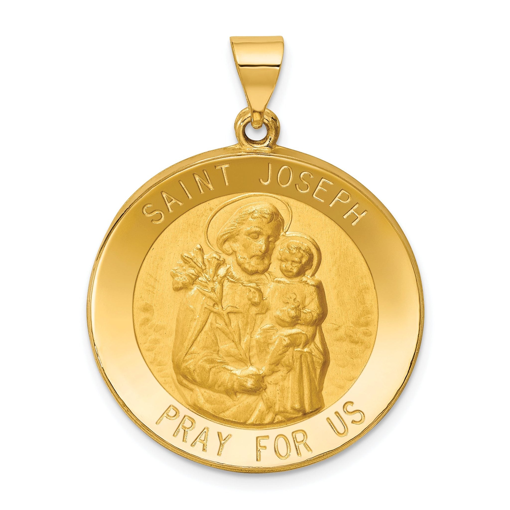 14K Polished and Satin St Joseph Medal Hollow Pendant
