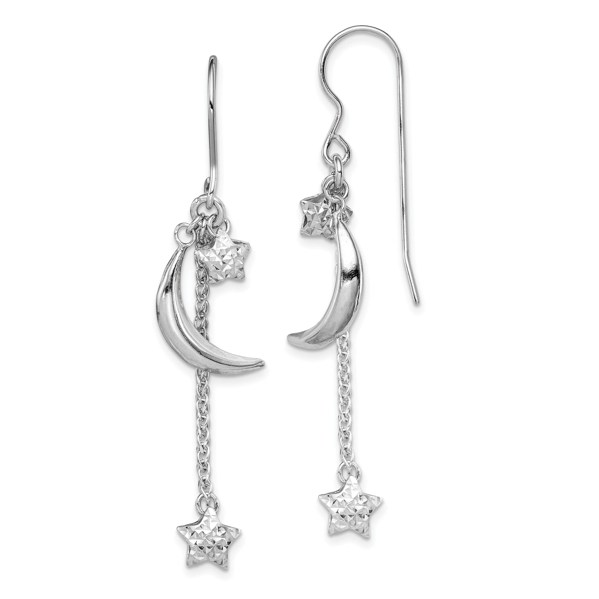 Sterling Silver 925 Rhodium-Plated Star and Moon Drop Earrings, Diamond-Cut Finish Main image