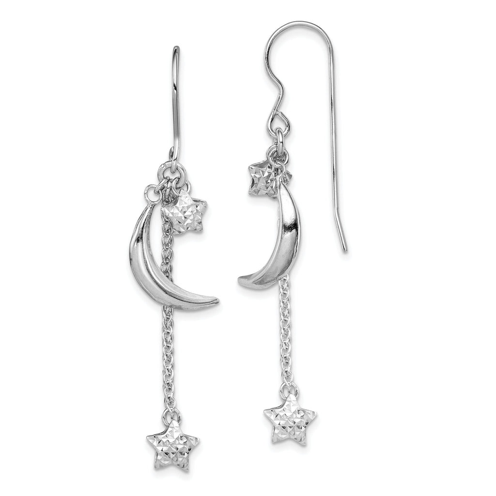 Sterling Silver 925 Rhodium-Plated Star and Moon Drop Earrings, Diamond-Cut Finish