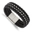 Stainless Steel Polished Black Woven Leather and Chain Bracelet for Men