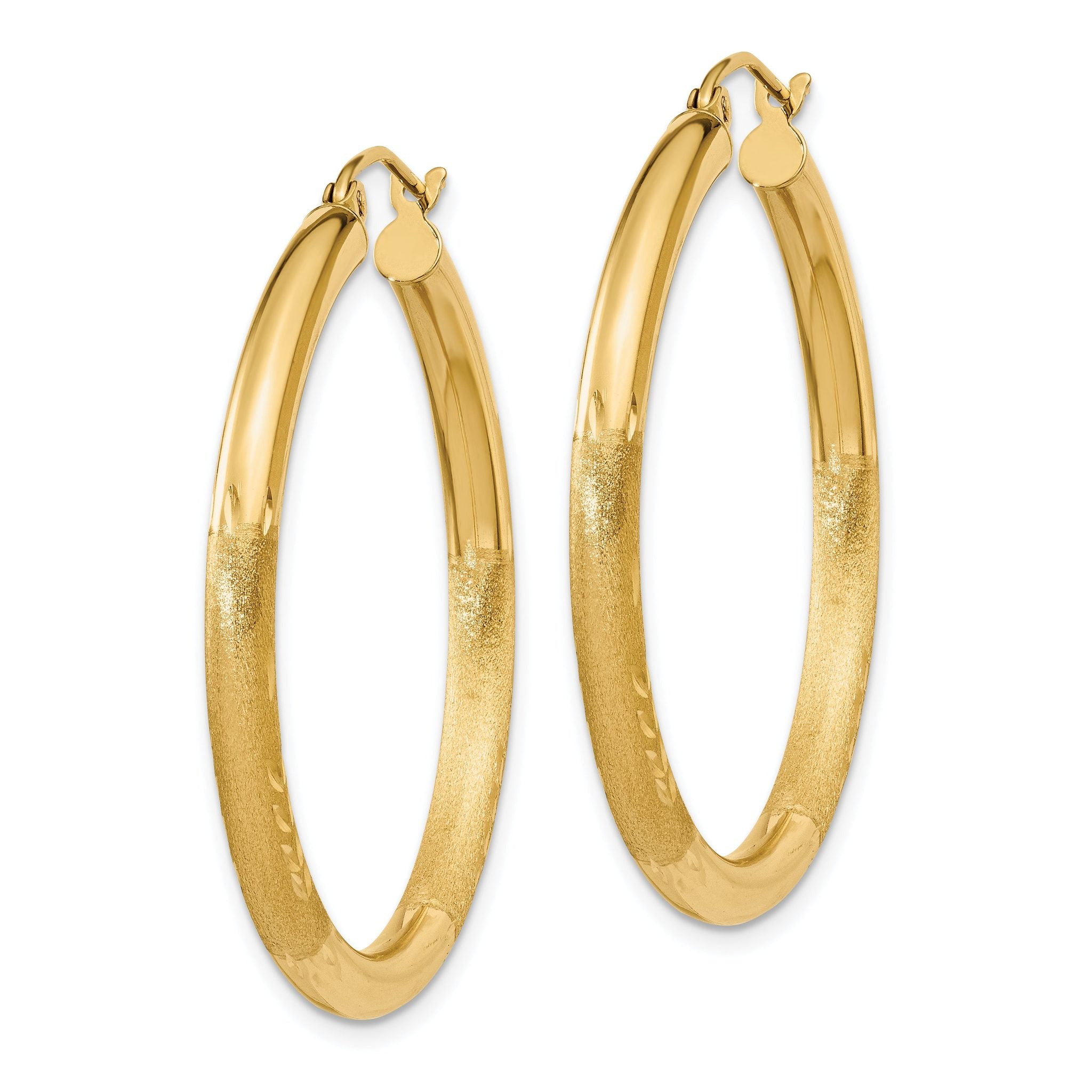 14k Satin and Diamond-cut 3mm Round Hoop Earrings