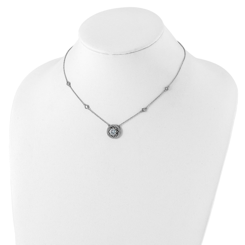Sterling Silver RH-plated Round CZ Pendant With 2in. ext. 4-Station Necklace
