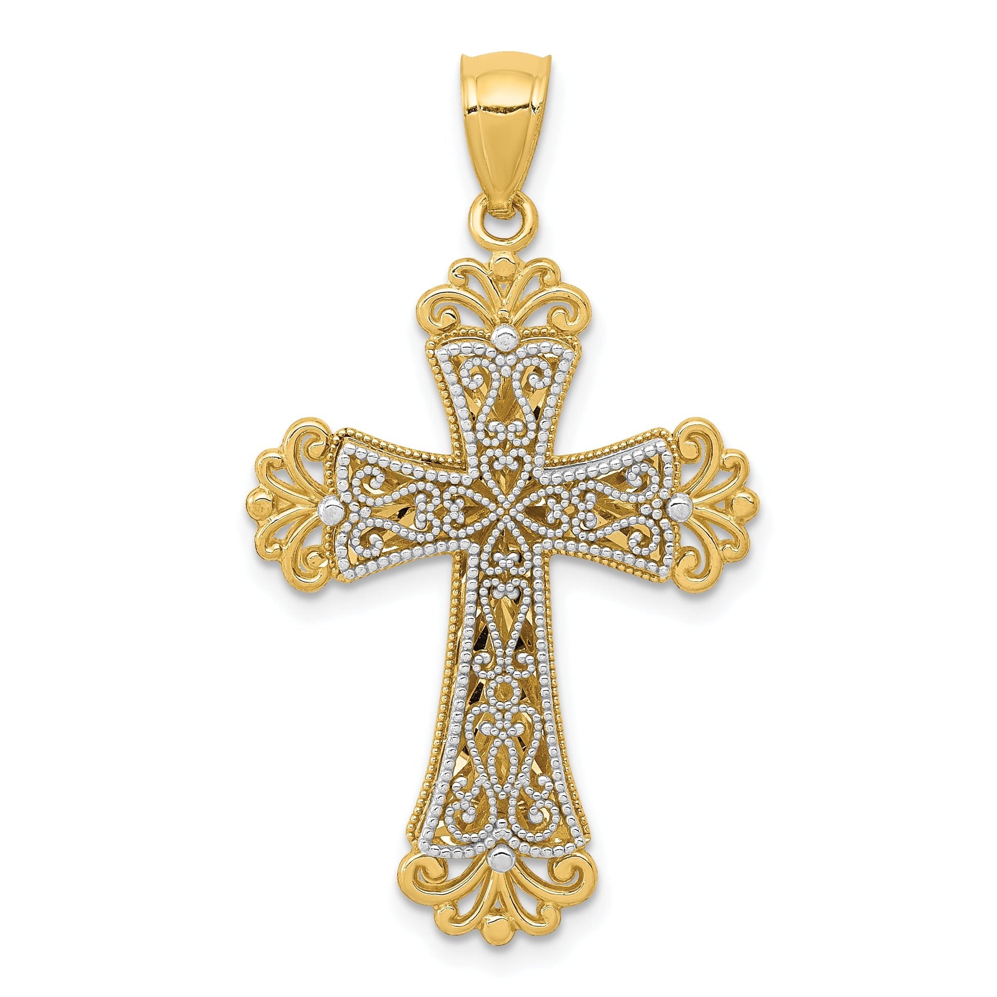 14K Two-Tone Gold Budded Cross Pendant with Polished Finish