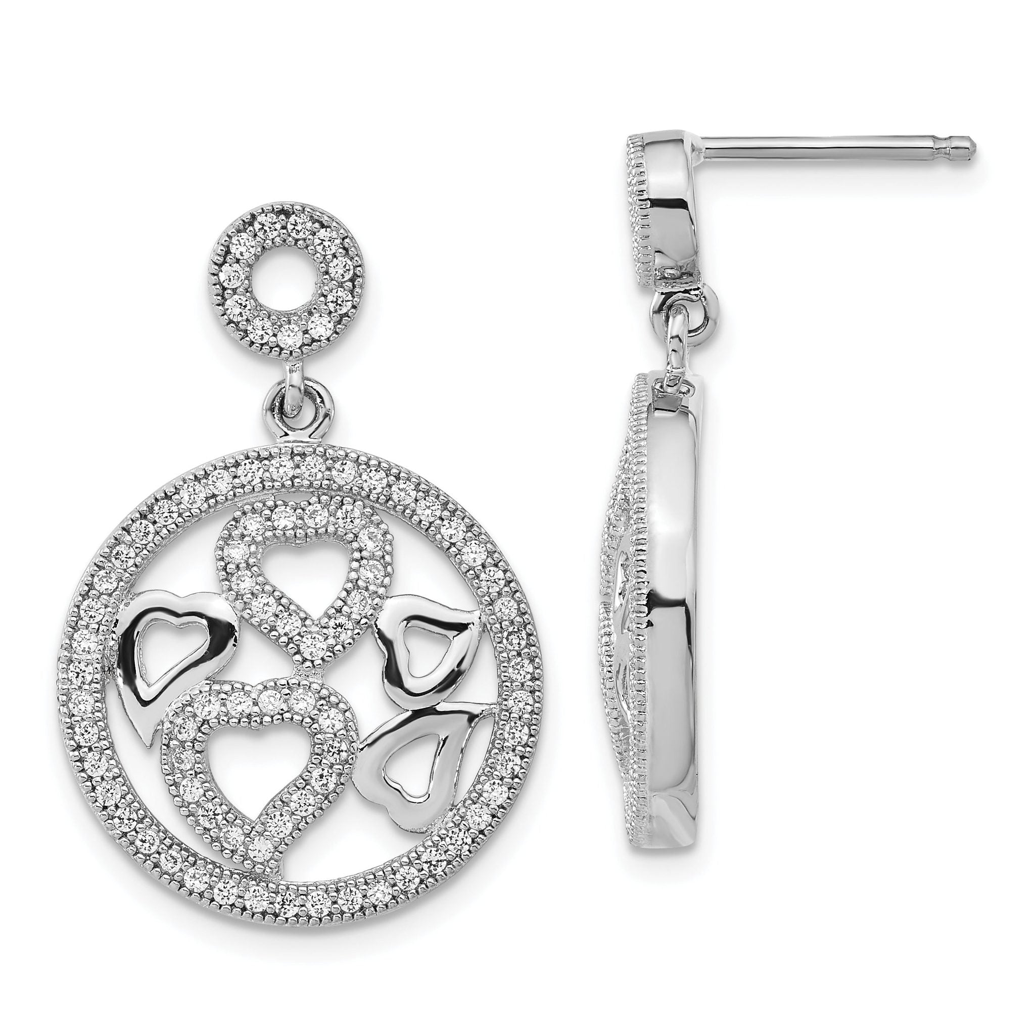 CZ Heart Circle Dangle Earrings in Sterling Silver