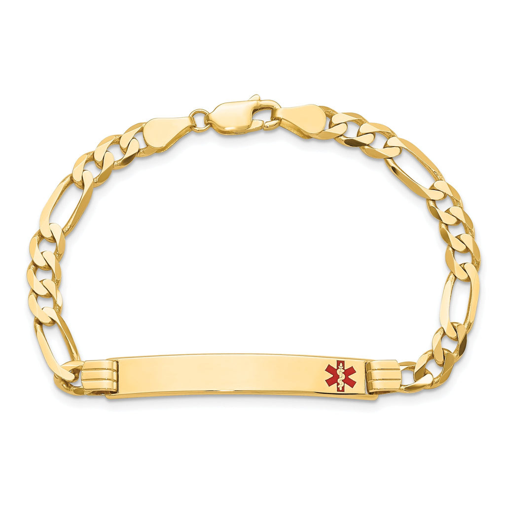 14K Medical Solid Chain/Solid Plate 37x6mm Off-Center Red Enamel Flat Figaro 8 inch Link ID Bracelet