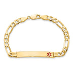 14K Medical Solid Chain/Solid Plate 37x6mm Off-Center Red Enamel Flat Figaro 8 inch Link ID Bracelet