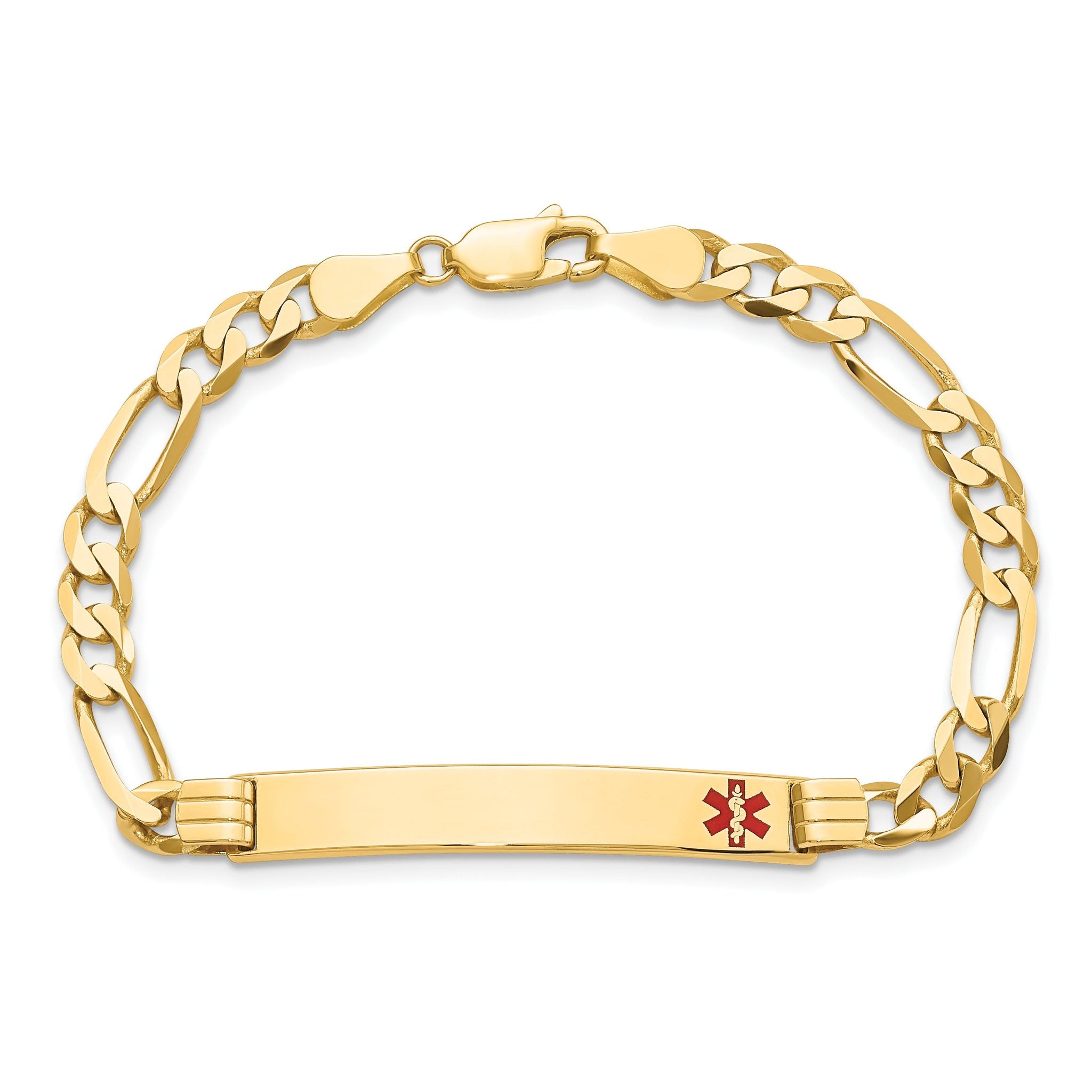 14K Medical Solid Chain/Solid Plate 37x6mm Off-Center Red Enamel Flat Figaro 8 inch Link ID Bracelet