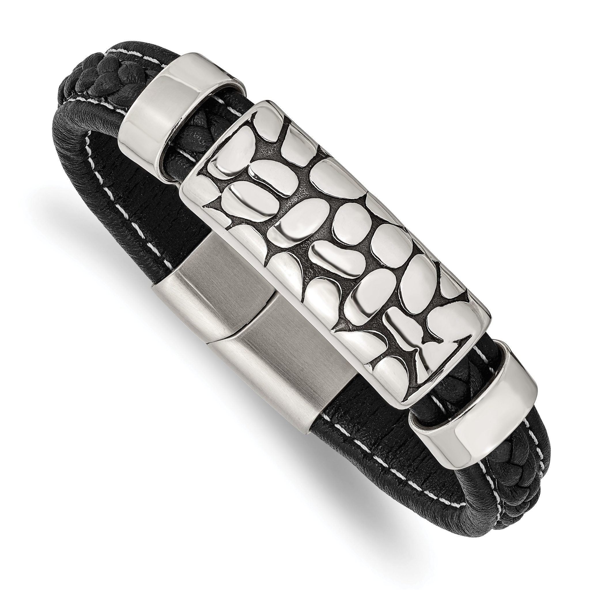 Stainless Steel Antiqued & Polished Black Faux Leather Bracelet for Men