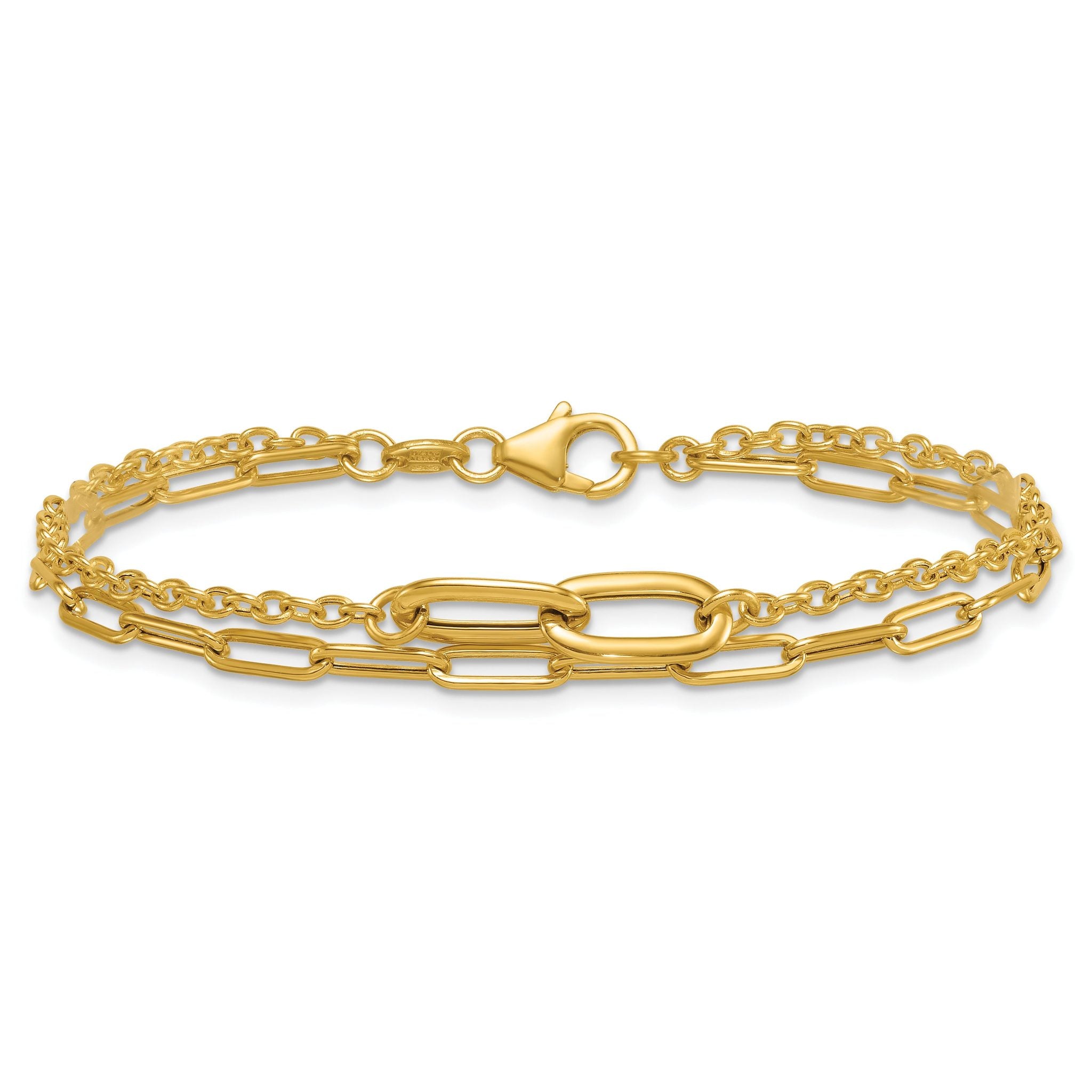 14k Polished Paperclip and Oval Cable Link Double Strand 7.5 inch Bracelet