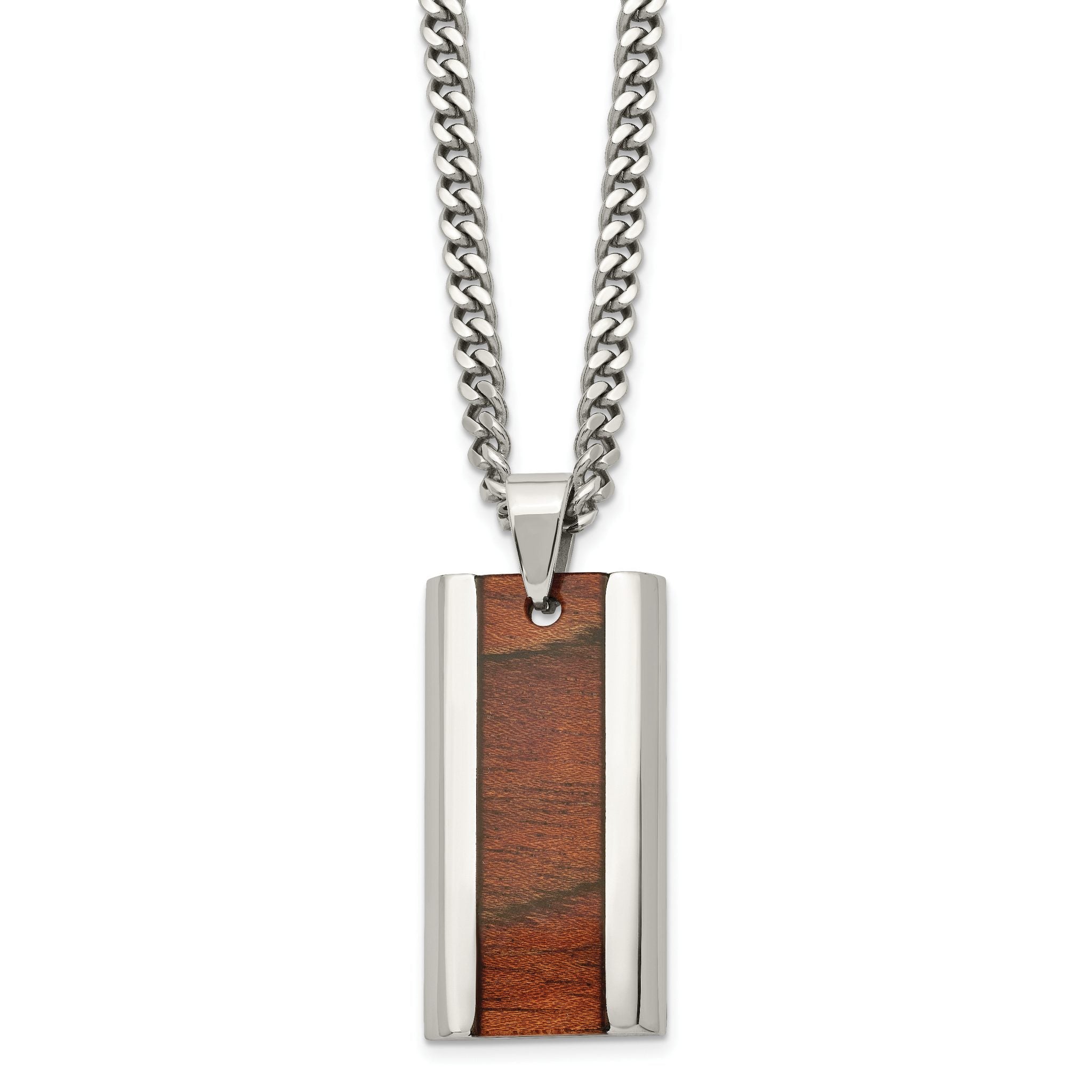 Chisel Stainless Steel Polished Koa Wood Inlay Enameled Pendant on a 20 inch Curb Chain Necklace Main image