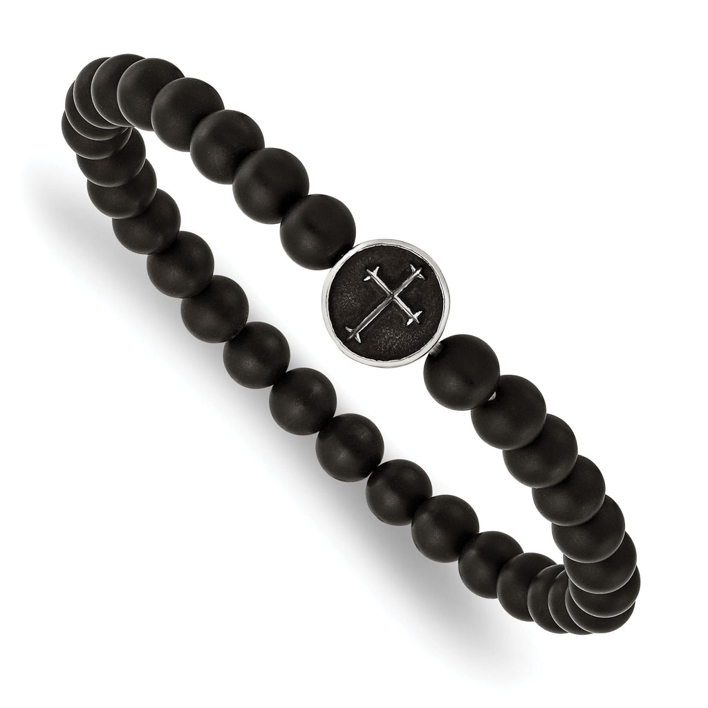 Stainless Steel Antiqued and Polished Cross 7mm Black Agate Beaded Stretch Bracelet