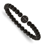 Stainless Steel Antiqued and Polished Cross 7mm Black Agate Beaded Stretch Bracelet