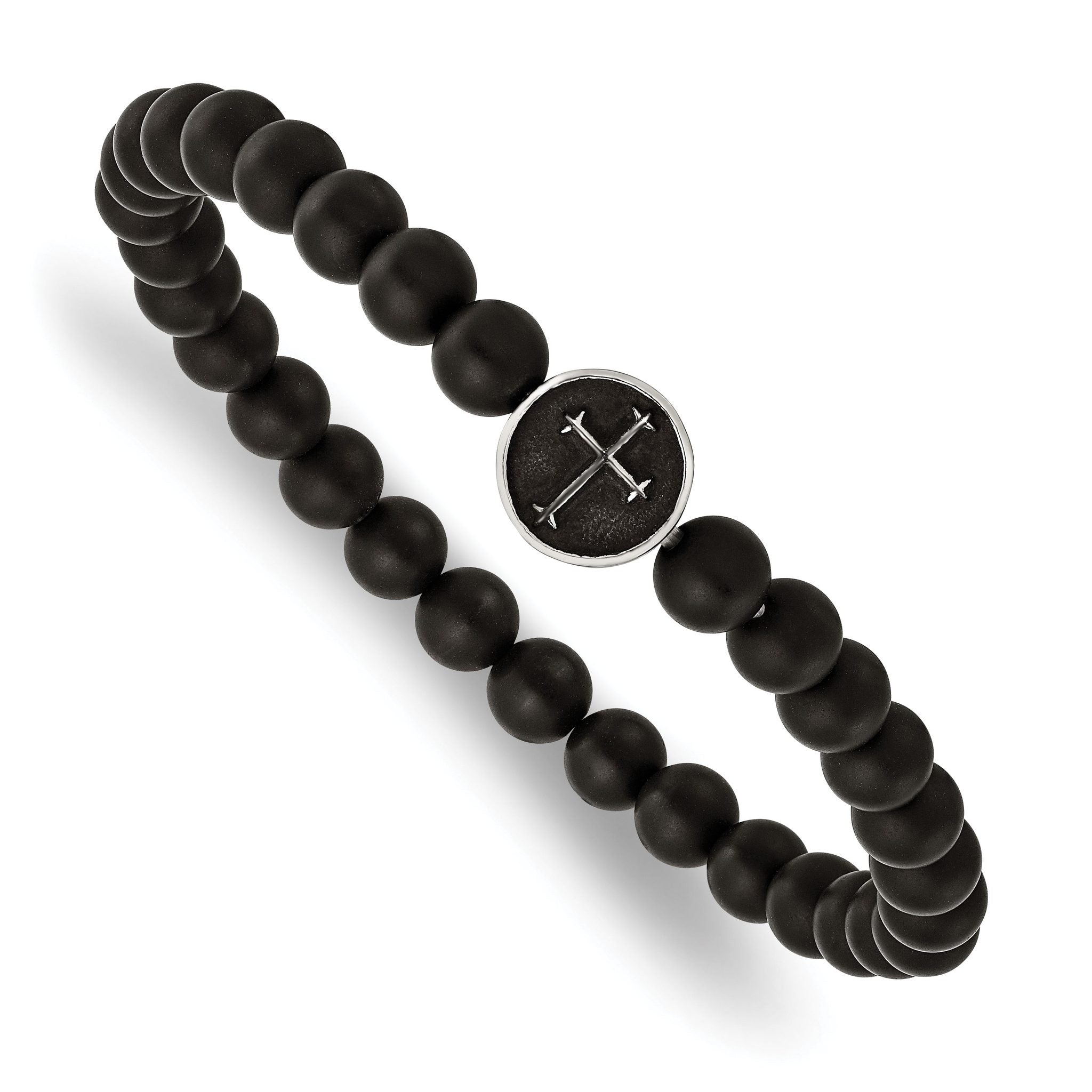Stainless Steel Antiqued and Polished Cross 7mm Black Agate Beaded Stretch Bracelet