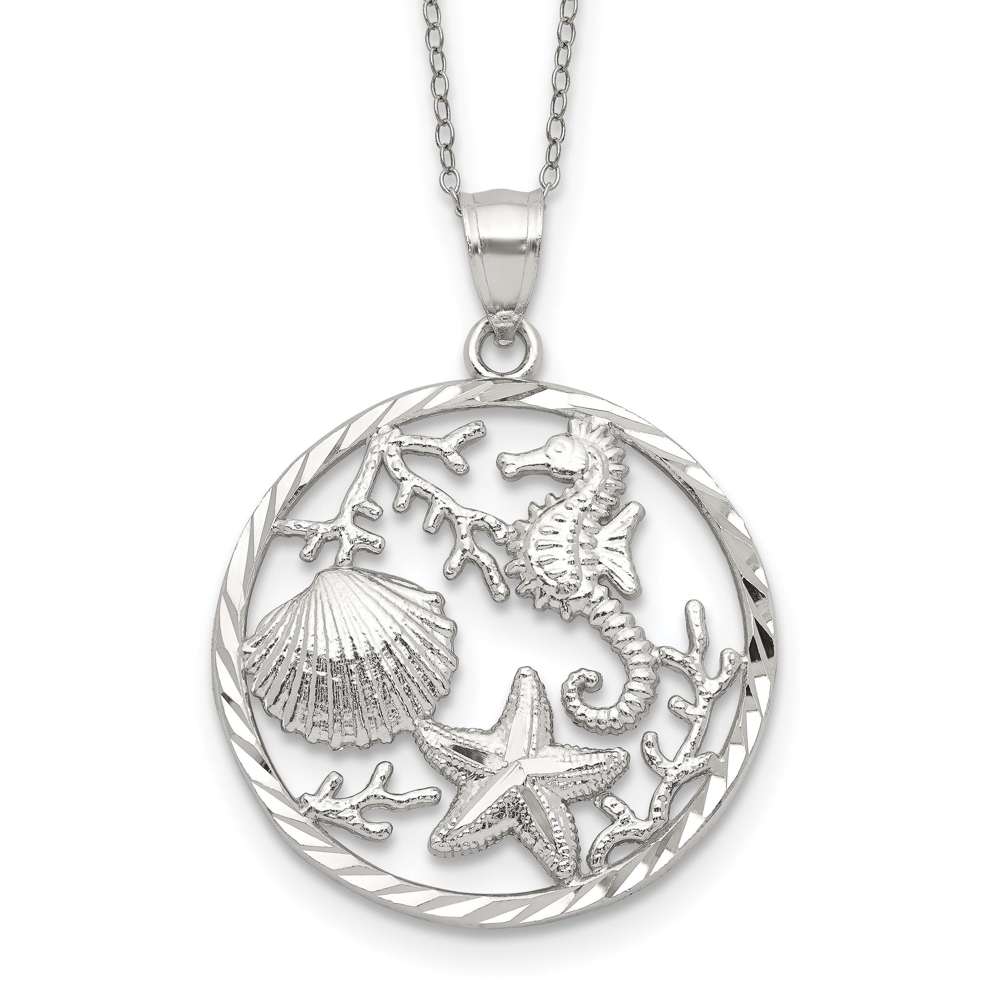 Sterling Silver Rhodium-plated Seahorse, Starfish and Shell Pendant Main image