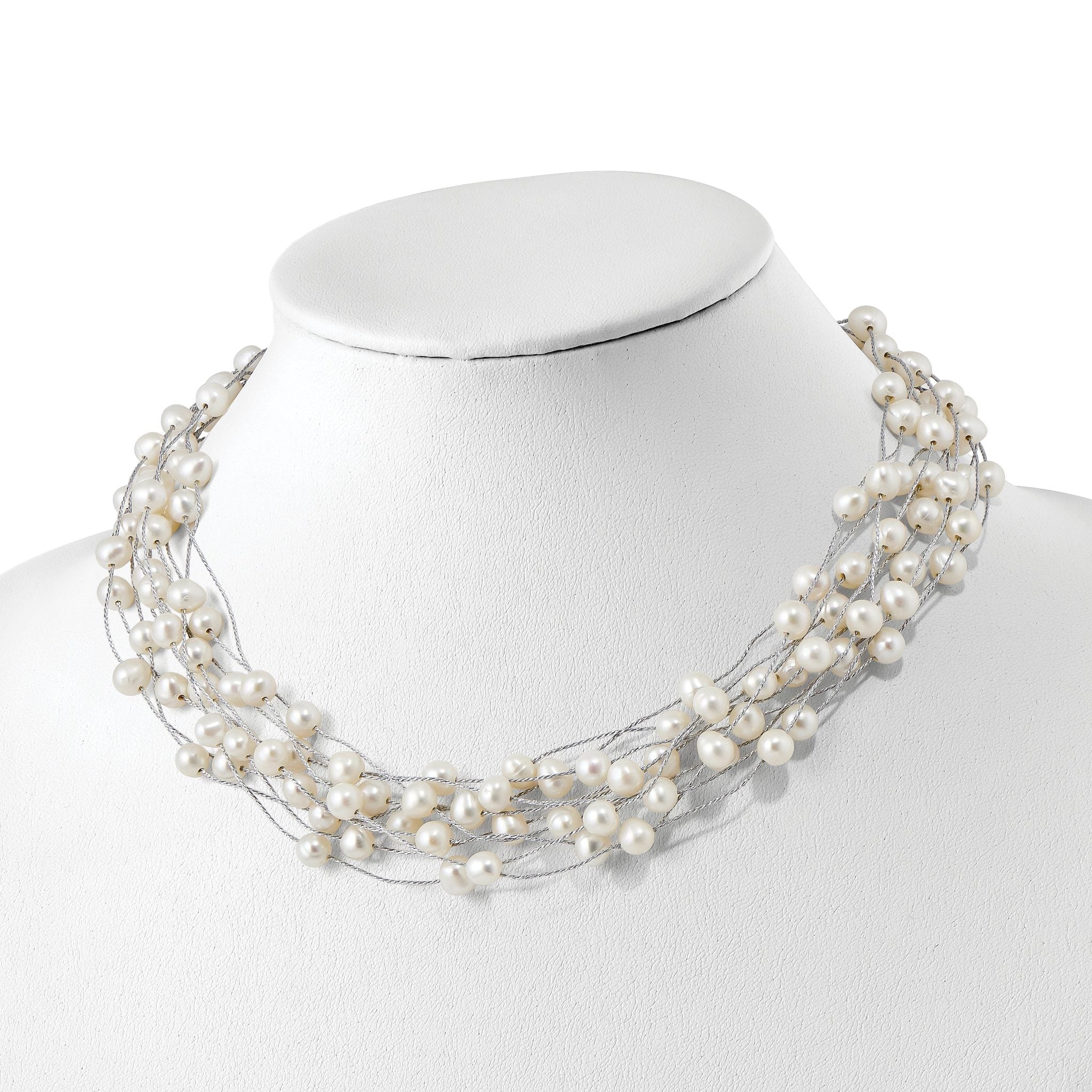 Sterling Silver 925 Multi-Strand Pearl Necklace Elegant Women's Jewelry