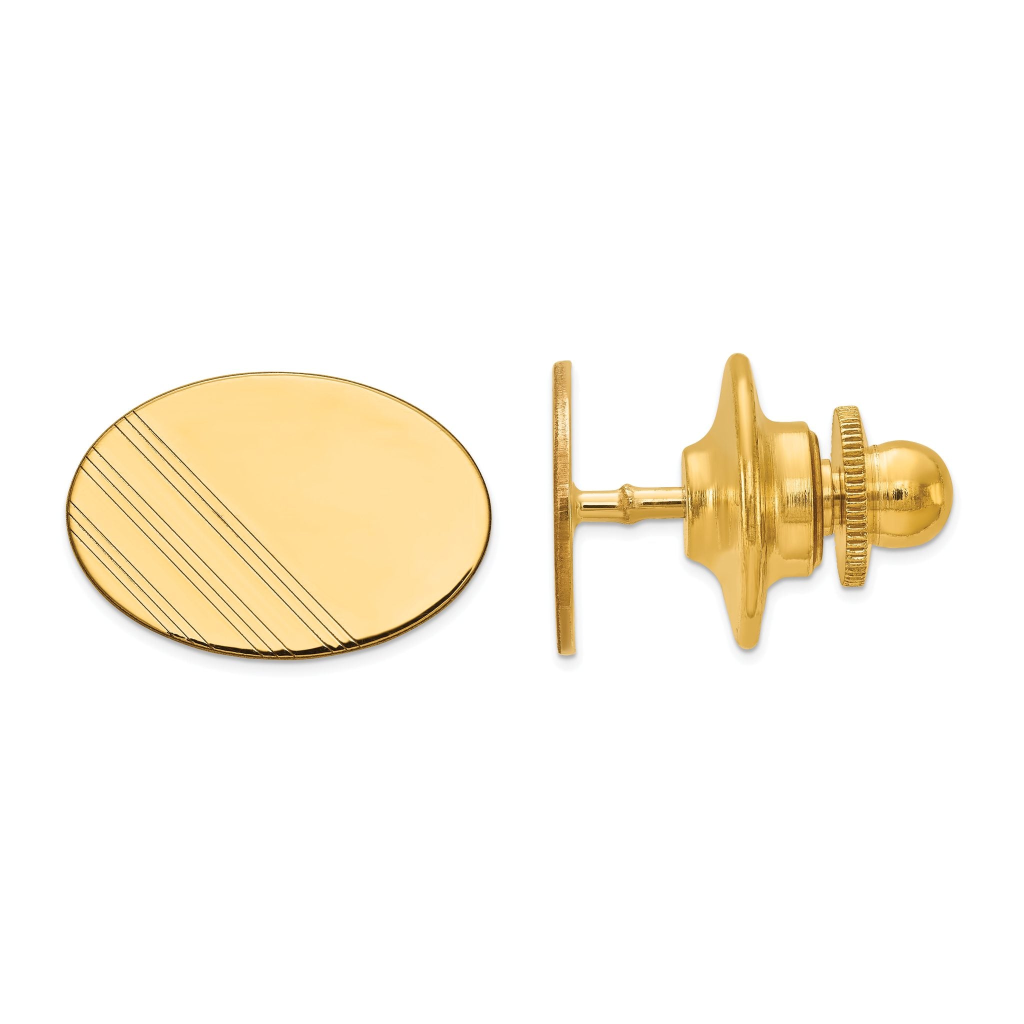 14K Gold Men's Polished Oval Tie Tac with Engravable Grooved Design