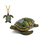 Luxury Giftware by Jere Pewter Bejeweled Crystals Gold-tone Enameled SWEETHEART Green Sea Turtle With Heart Trinket Box with Matching 18 Inch Necklace